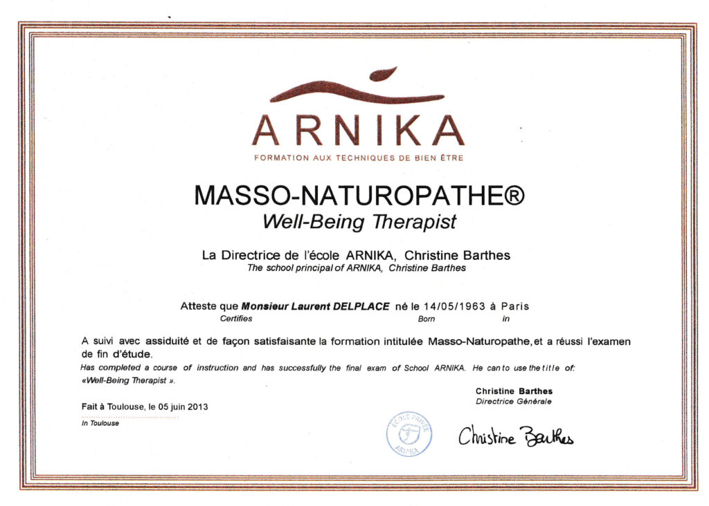 Diplôme obtenu suite à la formation de masseur